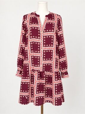 LOFT Burgundy Scarf Print Drop Waist Shirt Dress Size Small Boho Long Sleeve